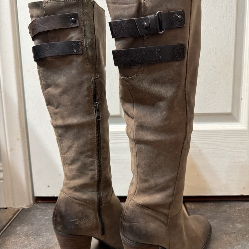 BOHO TAUPE LEATHER chunky Heeled knee high Boots with Buckle Detail